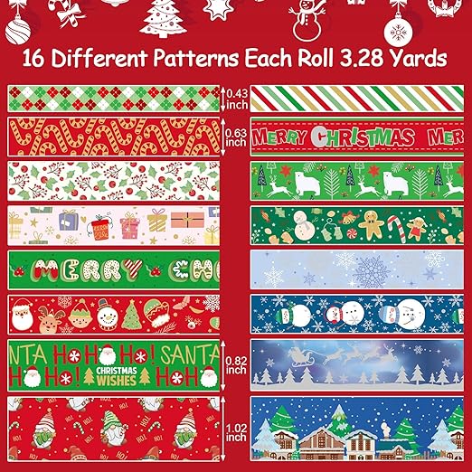 16 Rolls Christmas Washi Tape Holiday Masking Tape Red Green Christmas Wrapping Tape Glod Silver Foil Decorative Tape for Christmas Scrapbook Journal DIY Craft Gift Wrapping（Xmas