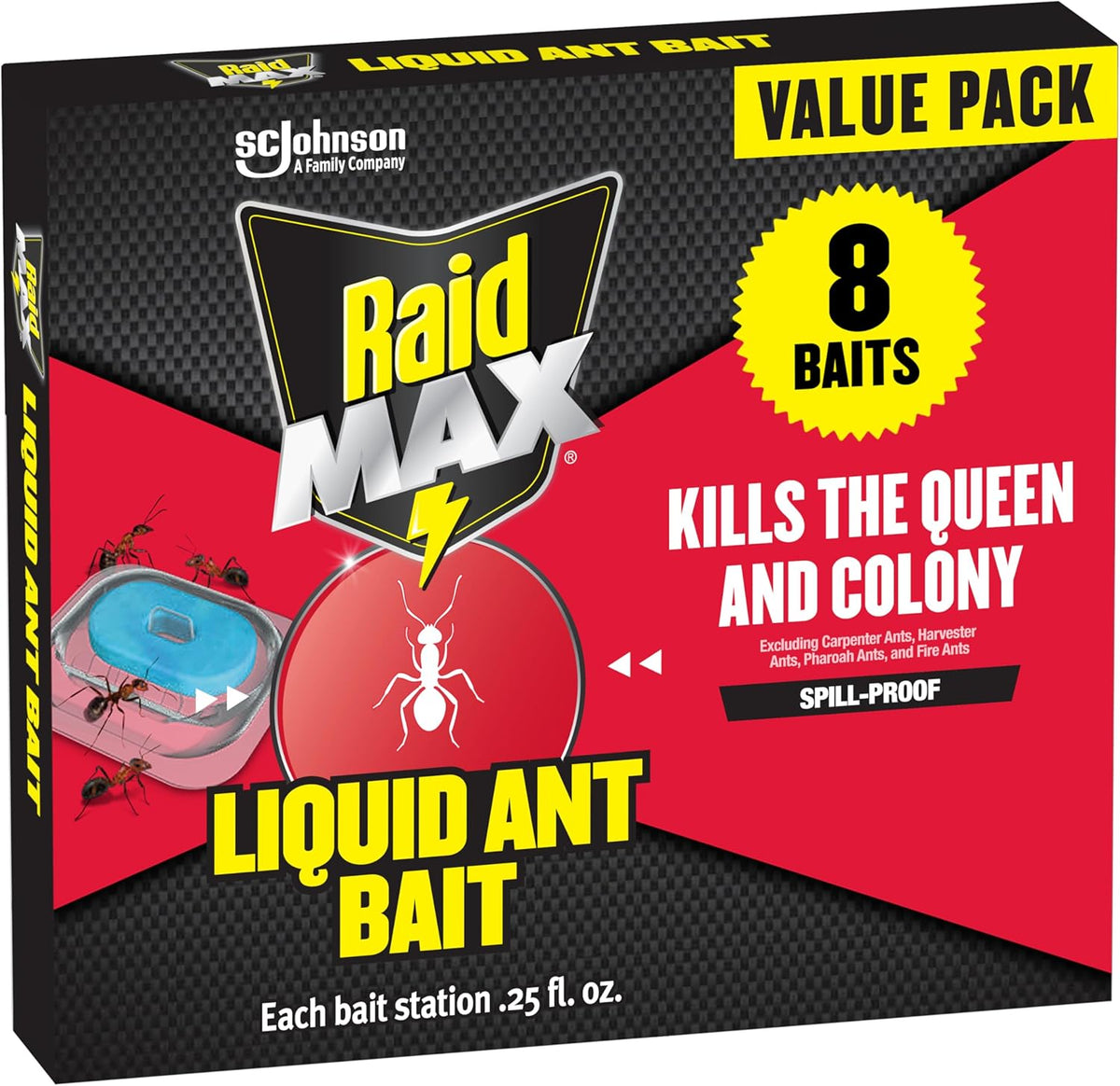 Raid Max Liquid Ant Bait; Kills Ants Where They Breed, for Indoor and Outdoor Use; 8 Bait Stations