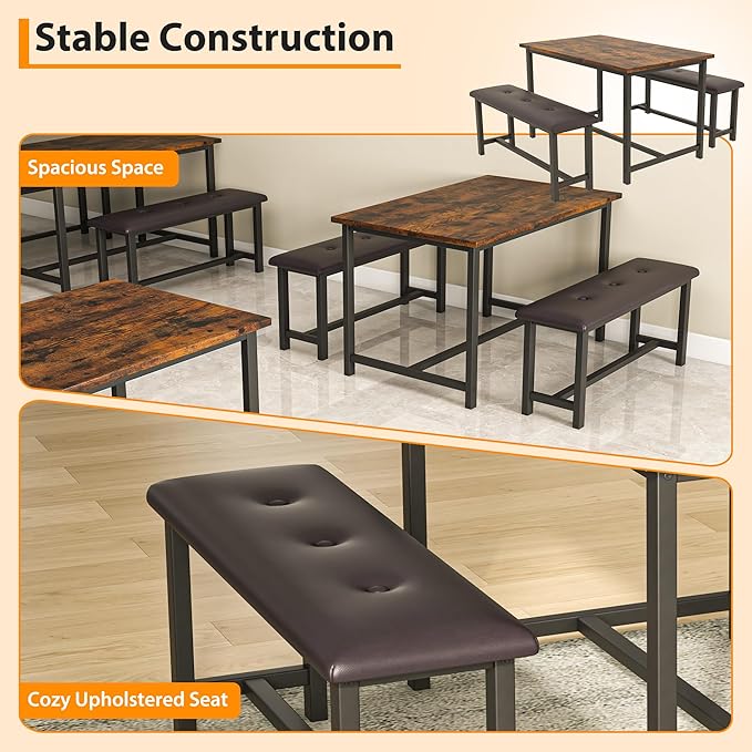 Dining Table Set for 4, Dining Room Table Set with 2 Upholstered Benches, Small Kitchen Table Set, 3 Piece Farmhouse Rectangular Dining Room Table Set, Space Saving Dining Table for Apartment