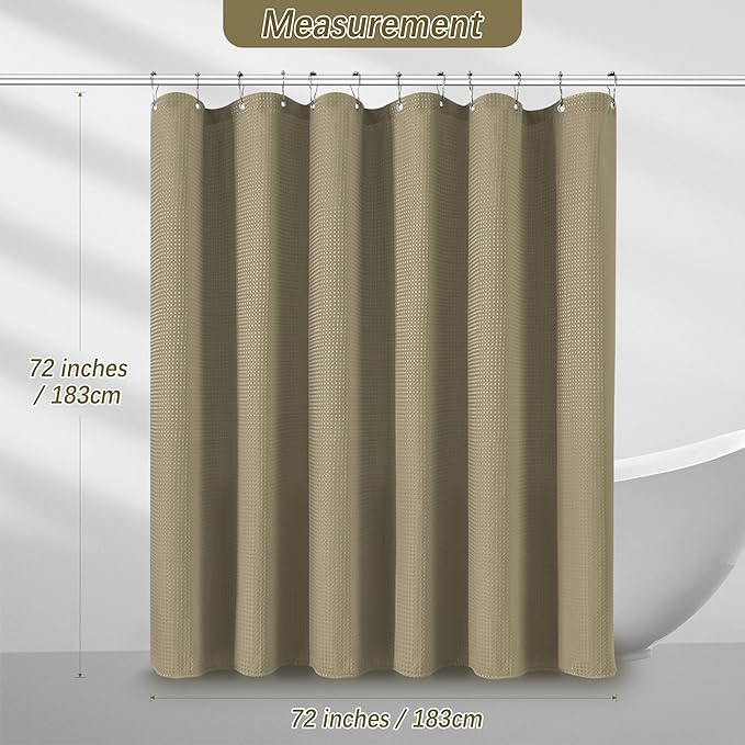 Taupe Shower Curtain 256GSM Heavy Duty Waffle Woven Bathroom Shower Curtains, Weighted Fabric Shower Curtains for Hotel Spa Luxury Polyester Bath Curtain with 12 Hooks, 72Wx72H