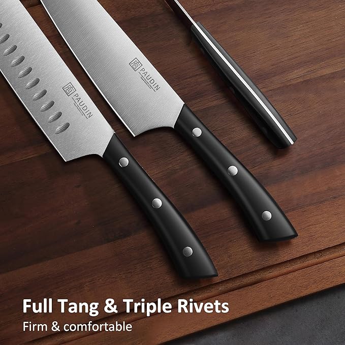 PAUDIN Kitchen Knife Set, 7 Piece Chef Knife Set, High Carbon Stainless Steel Kitchen Knives, Ultra Sharp Knives Set for Kitchen, Precise Cutting, Durable with Ergonomic Handle, Black