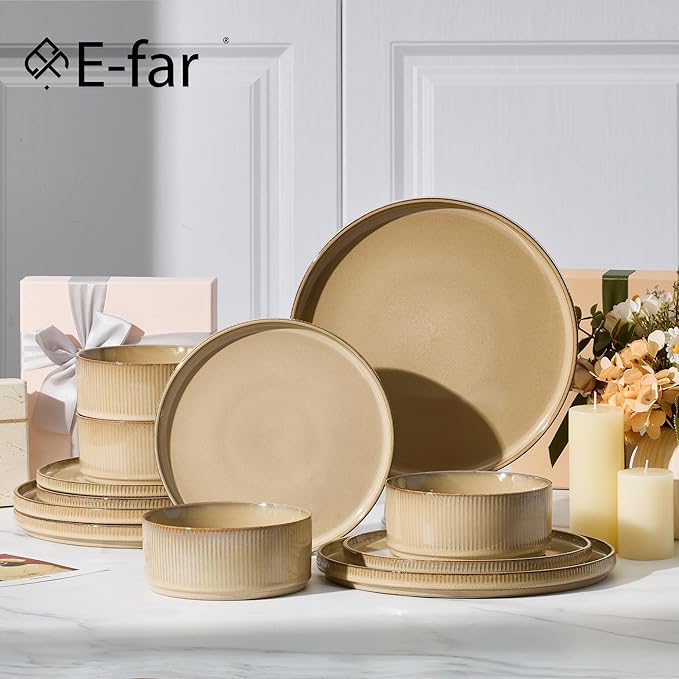 E-far Stoneware Dinnerware Sets, 18-Pieces Modern Plates and Bowls Sets, Kitchen Dinning Porcelain Dishes Set for 6, Chip & Scratch Resistant, Dishwasher & Microwave Safe, Caramel Khaki