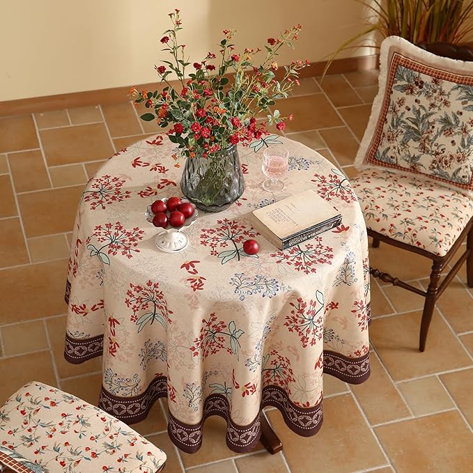 patdrea Designer Vintage Linen Table Cloth for Round Table,Red Floral Durable Breathable Tablecloth,Dacorative for Kitchen Dining,Holiday,Christmas,Thanksgiving,Tea Party,Diameter 55"-Newmari