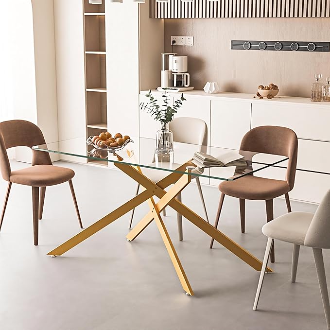 60" Rectangular Glass Dining Table Modern Kitchen Glass Top Table for 6 with Gold Metal Legs, Clear Dining Table Kitchen Table for Home Office Dining Room