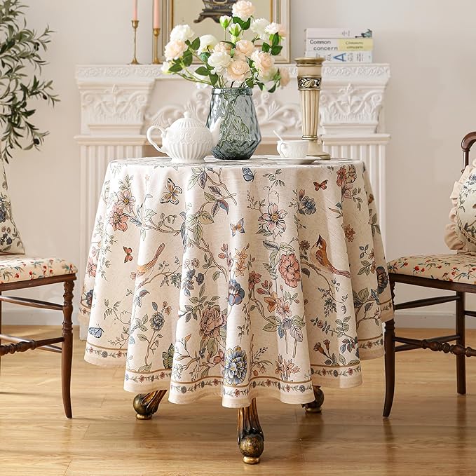 ISAENNE Designer French Light Beige Round Tablecloth,Linen Florals and Birds Pattern Table Cloth,Anti-Wrinkle Decorative Tablecloths for Dining Thanksgiving Kitchen,Diameter 67"-Cornucopia