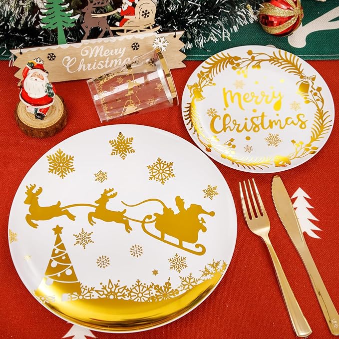 Supernal 150pcs Christmas Plates, Christmas Plastic Dinnerware include Gold Plastic Plates,Gold Plastic Silverware,Gold Plastic Cups, Christmas Party Plates for 25 Guests