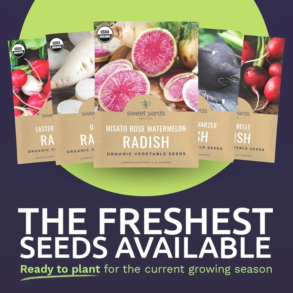 Organic Radish Seeds Variety Pack - 5 Individual Packs - 2025 Season - Cherry Belle, Easter Egg, Misato Rose and More! for Indoor & Outdoor Planting (Non-GMO, Certified Organic)