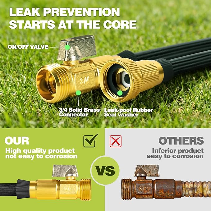 Garden Hose 50 FT, Lightweight Non-Expanding Water Hose with 10 Function Nozzle, Manguera Para Jardin with 3/4" Brass Connectors Leak-Proof, Burst-Resistant, Anti-Kink