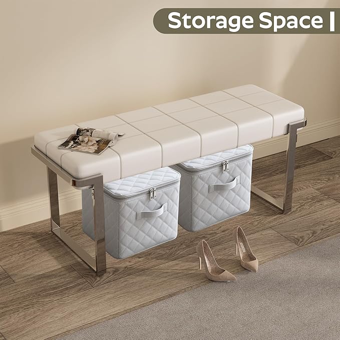 Upholstered Dining Bench, 44.29 Inch Leather Upholstered Bedroom Benches, Entryway Bench for Living Room Kitchen Dining Room(White&Silver)