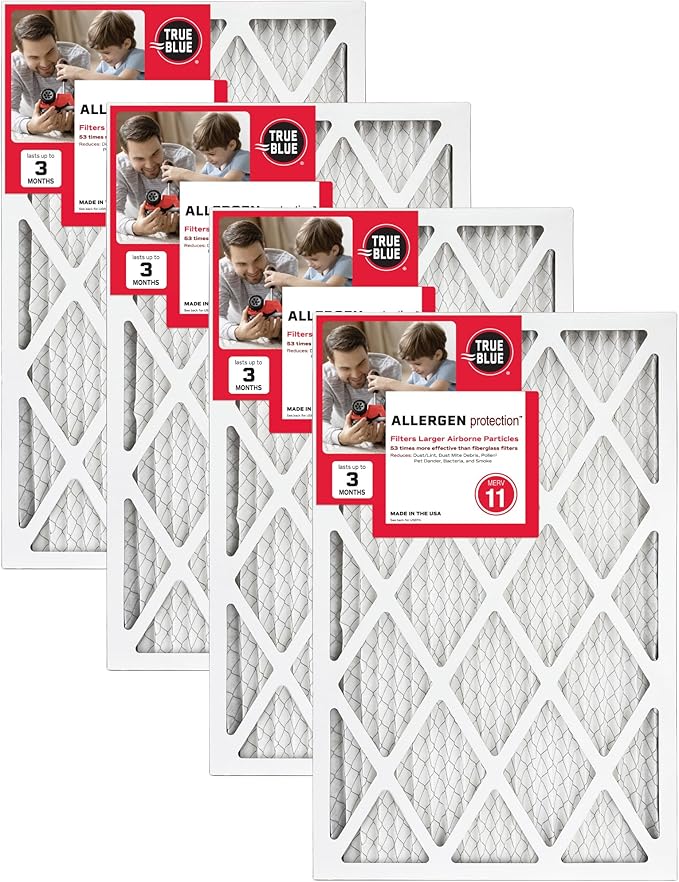 True Blue 20x25x1 MERV 11 Allergen Air Filter (4-Pack) | Electrostatic Pleated HVAC Furnace Air Filter | Replacement Filter for Home Use | Made in USA