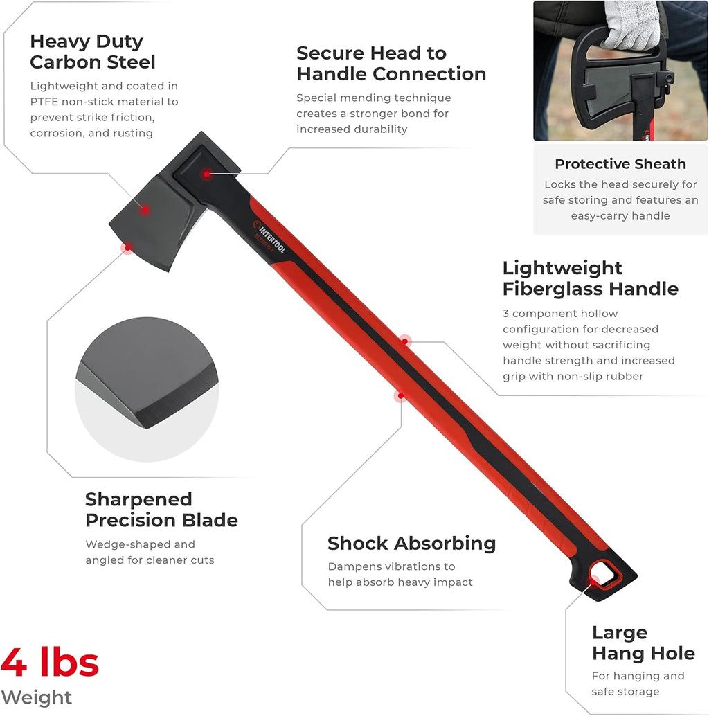 INTERTOOL 28” Chopping Axe, Tree Felling Ax Tool, Deeper Cuts, Wood Splitting, Kindling, Camp, Firewood, Survival, Shock Absorbing Anti-Slip Grip Handle, Sheath, Storm HT08-0296
