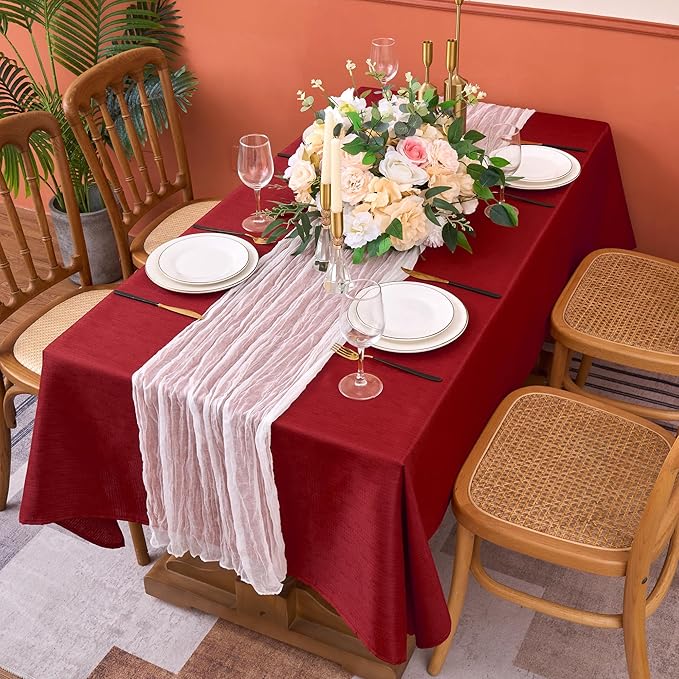Fitable Faux Linen Christmas Tablecloth 2 Pack, Burlap Textured Fabric Rectangle Table Cloth, Elegant Decorative Table Covers for Winter Holiday Dinner Party Farmhouse (Red, 60 x 102 Inch)