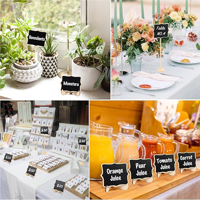 LotFancy 20 Pack Mini Chalkboard Signs with Support Easels and 10 Extra Stickers, Food Labels for Party Buffet Table, Weddings, Table Numbers, Message Board and Event Decorations