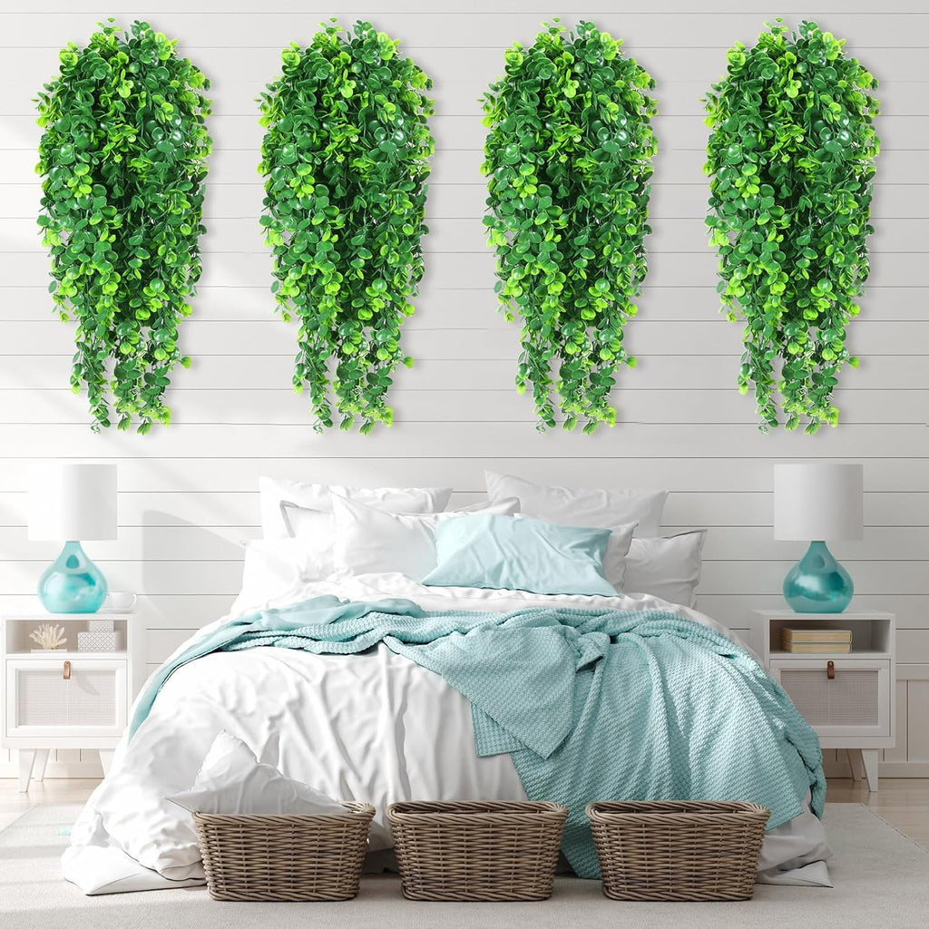 Hoteam 24 Pcs Artificial Hanging Plants 32 Inch Fake Ivy Vines with Fake Leaves Patio Artificial Plants Greenery for Living Room Indoor Outdoor Wall, No Basket (Eucalyptus)