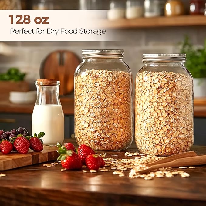 ComSaf 1 Gallon Wide Mouth Mason Jars 2 Pcs, 128 oz Glass Jars with Lids, Flour Sugar Storage Containers, Large Glass Containers for Pickles, Fermented Food, Sourdough Starter, Food Storage