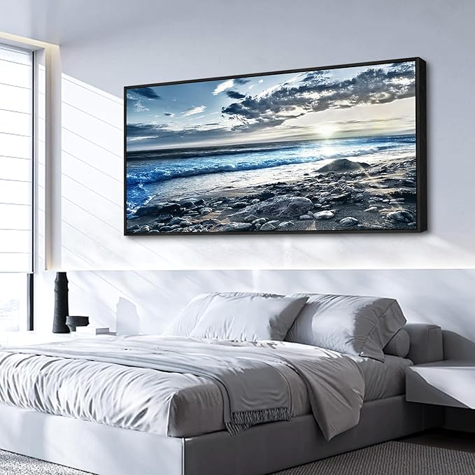 Wapluam Large Canvas Prints - Wall Decorations for Living Room, Bedroom, Office - Blue Sea Scenery Artwork - Framed Beach Posters