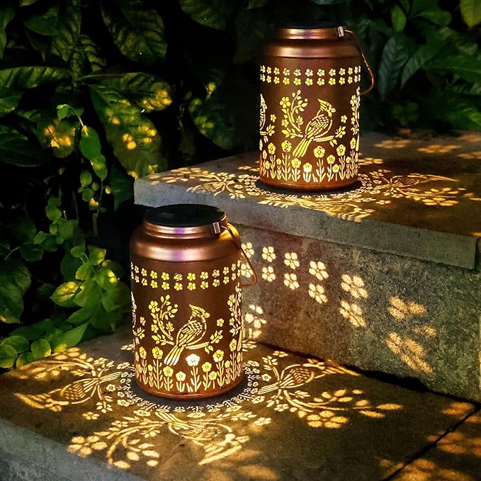 2Pack Cardinal Solar Lanterns Outdoor Waterproof Garden Decor Gifts for Women Mom Grandma Hanging Solar Lights Metal Christmas Gifts Decorative Lantern for Yard, Patio, Lawn, Pathway, Landscape