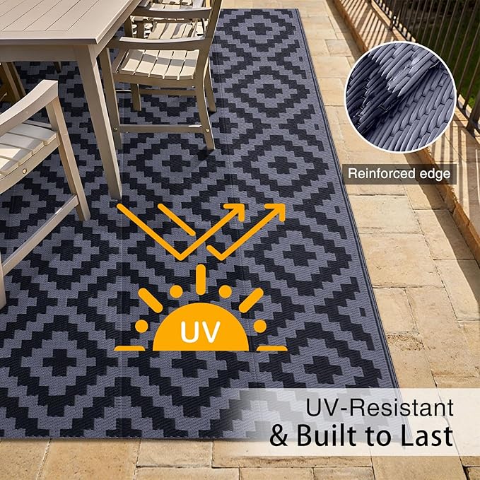 OLANLY Waterproof Outdoor Rug 4x6 ft, Outdoor Plastic Straw Rug for Camping, RV Mat Outside, Indoor Outdoor Carpet for Porch, Deck, Backyard, Balcony, Picnic, Black & Grey