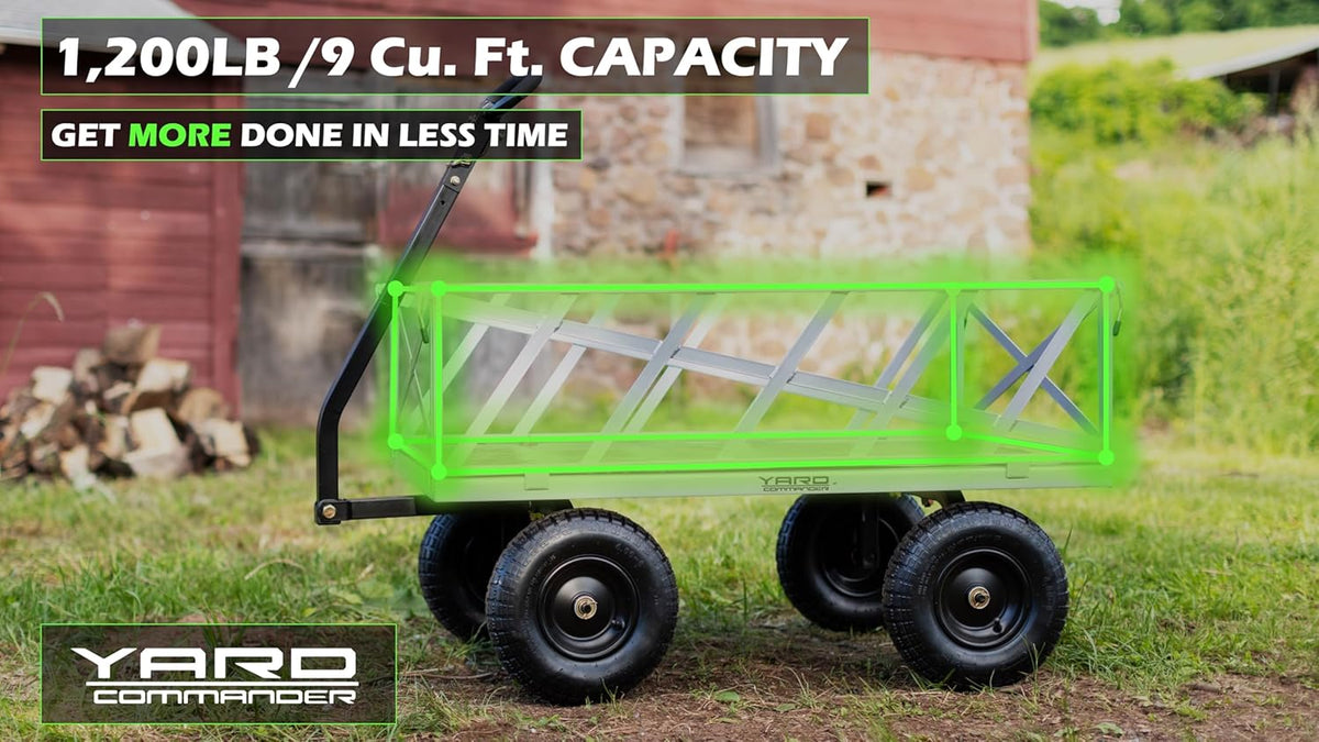 Yard Commander - Heavy Duty 1200lb Steel All Terrain Utility Cart, Garden Wagon, 9 cu ft Bed, Easy Assembly, Removable Side Panels, 45° Dump Angle, 2-in-1 Convertible Handle for Towing