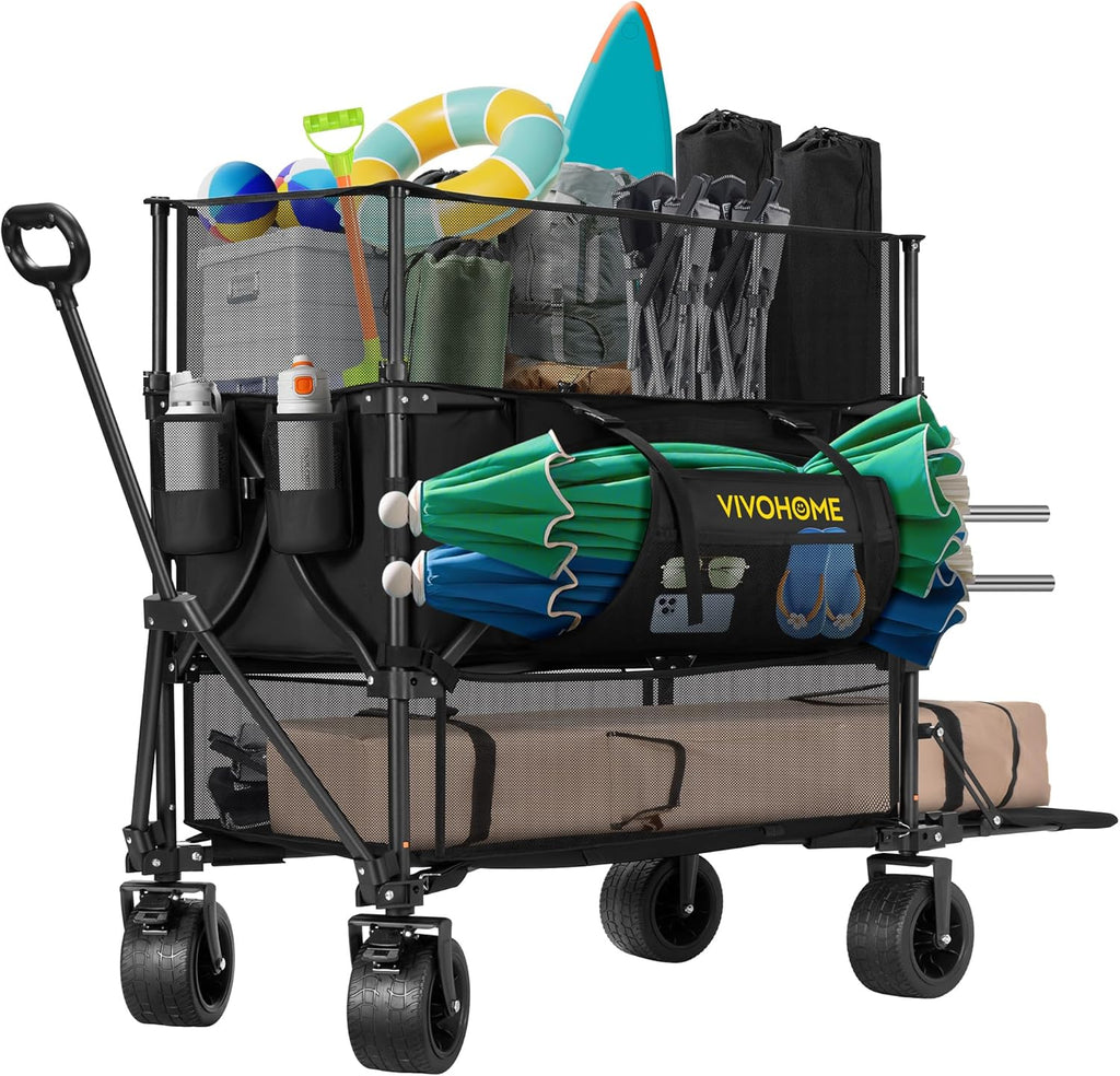 VIVOHOME 500L Large Capacity Double Decker Collapsible Wagon 500lbs Heavy Duty Utility Folding Cart with Big Wheels 53" Extended for Camping, Sports