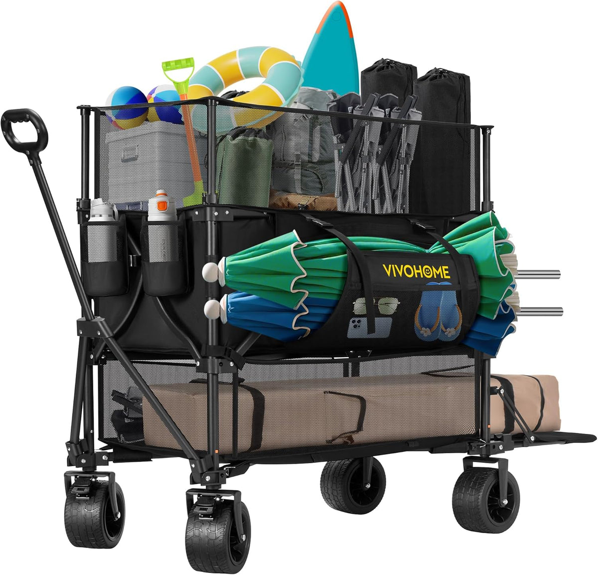 VIVOHOME 500L Large Capacity Double Decker Collapsible Wagon 500lbs Heavy Duty Utility Folding Cart with Big Wheels 53" Extended for Camping, Sports