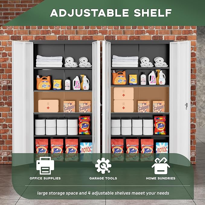 Greenvelly Metal Garage Storage Cabinet with Doors and Adjustable Shelves,72" Steel Lockable File Cabinet for Home Office,Garage,School(Black Grey,32" W x 16" D)