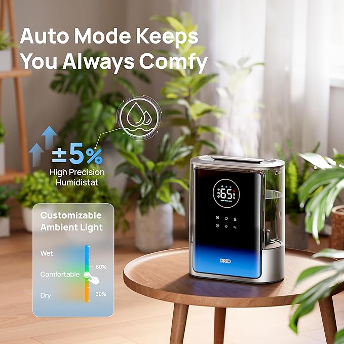Dreo 8L Smart Humidifiers for Bedroom 600ft², 80H Runtime Warm&Cool Supersized Mist Humidifier for Large Room Indoor, Quiet Whole House humidifier for Baby, Plants, with Alexa/Google, Silver, HM717S