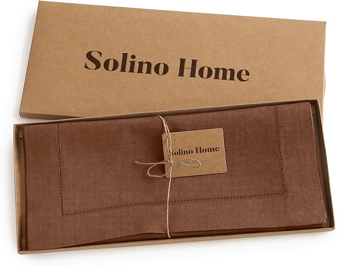 Solino Home Linen Brown Table Runner 72 Inches Long - 100% Pure Linen Hemstitch Table Runner 14 x 72 Inch for Dresser, Dining, Fall, Autumn, Thanksgiving - Classic Hemstitch