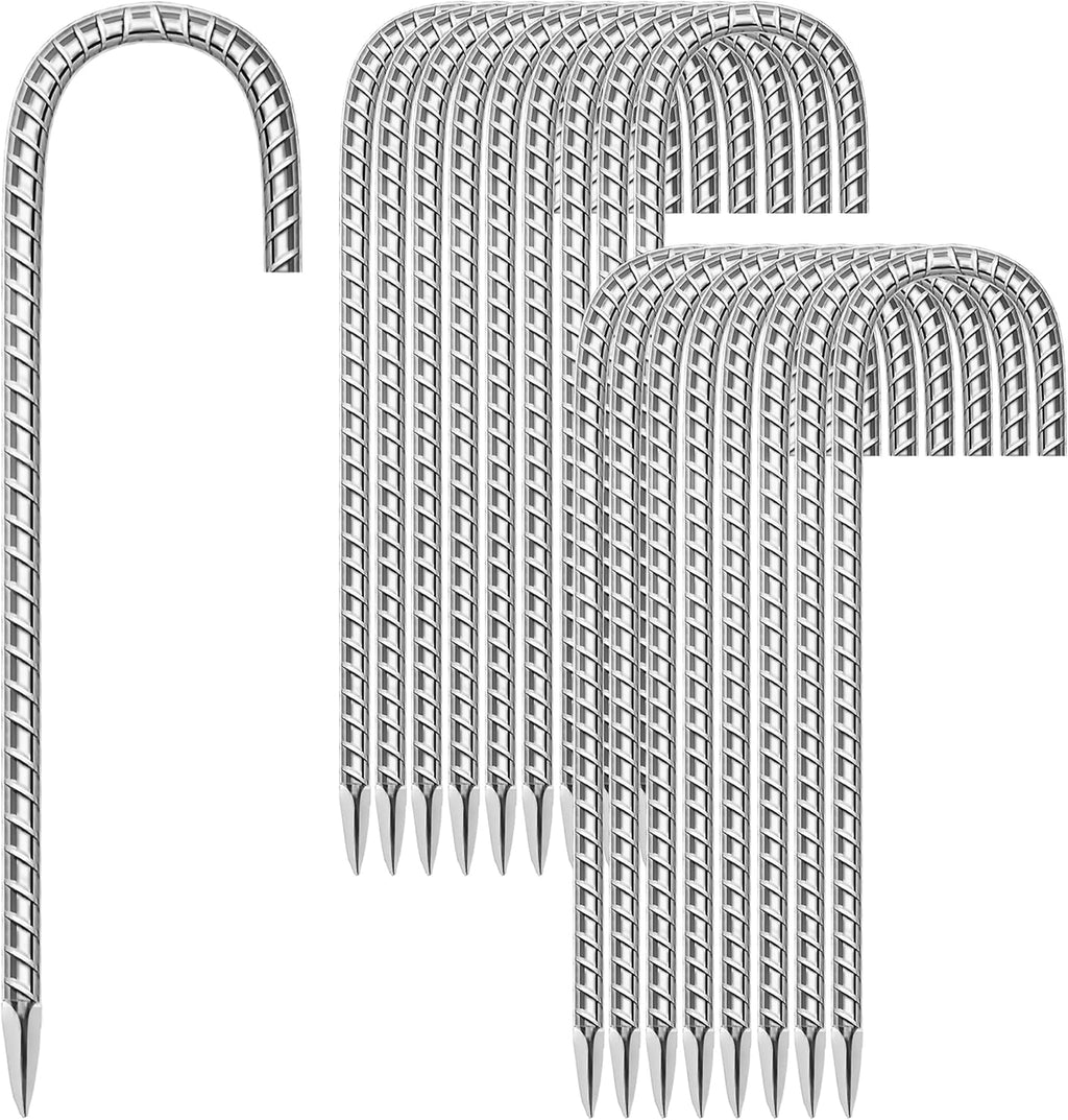 18 Pack Ground Garden Rebar Stakes Rebar 12 Inch Anti-Rust Galvanized Steel J Shape Hook Heavy Duty Ground Anchors for Tents, Position Kits,Fences, and Trampolines Landscape Fabric