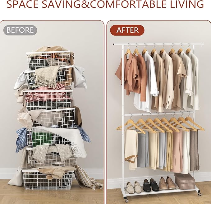 Sywhitta Double Rod Clothing Garment Rack, Rolling Coat Hanger with Bottom Mesh, Clothing Rack for Hanging Clothes, Coats, Skirts, Sweaters, White