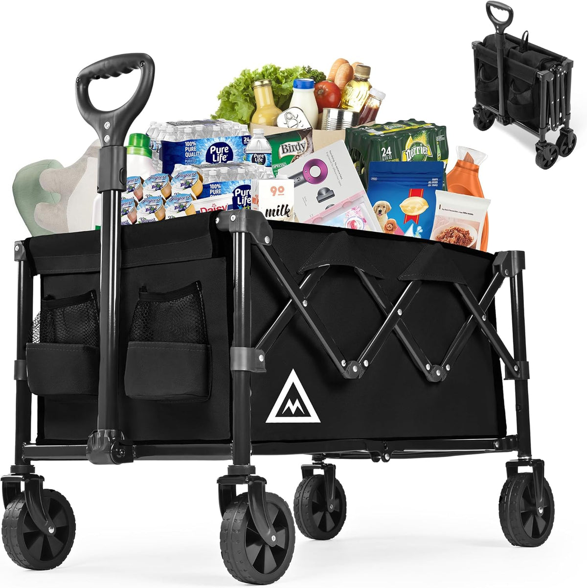 Wagon Cart Shopping Foldable Folding Collapsible with Wheels Big On Beach Garden Outdoor Grocery Heavy Duty Utility All Terrain Portable Wagons Carts for Groceries Sand Camping Sports Black