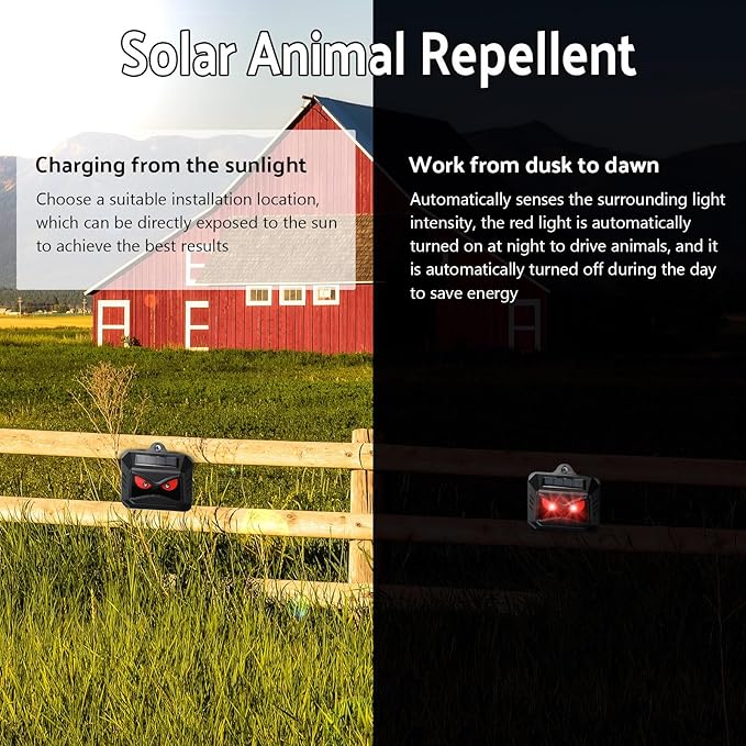 Solar Control Light Nocturnal Animal Repeller Outdoor Deterrent Devices Light Sensor Animal Repellent for Skunk Deer Coyote Fox Raccoon Cat Garden Yard Farm Chicken Coop (8, Black)