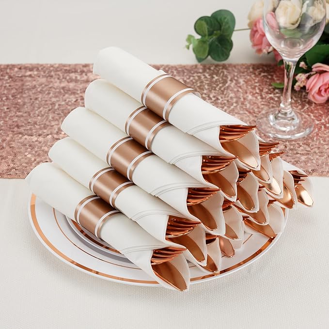 50 Pack Pre Rolled Rose Gold Plastic Silverware Set with Napkins,Disposable Wrapped Heavy Duty Cutlery Set for Wedding Birthday Party-50 Forks,Knives,Spoons,Utensils Set,Plasticware Bulk
