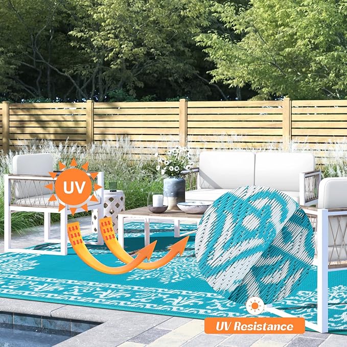 Yamaziot Outdoor Rug 9x18 Ft, Waterproof Plastic Straw Patio Rug, Reversible Backyard Carpet UV Resistant Portable RV Mat Clearance, Large Indoor Outdoor Rug for Patio, Porch, Deck, Balcony, Teal