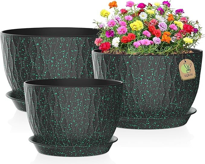 12/10/9 Inch Plant Pots, 3 Pack Large Flower Pots for Indoor and Outdoor Plants with Water Ripples, Large Plastic Flower Pots with Drainage Holes and Tray for Garden Indoor Plants