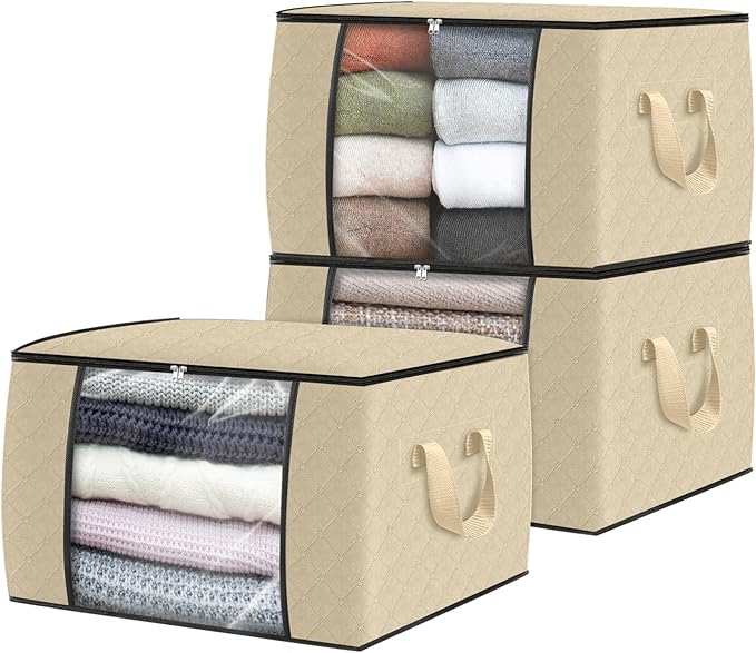 Fab totes 3 Pack Clothes Storage, Foldable Thick Fabric Blanket Storage Bags, Containers for Organizing Bedroom, Closet, Clothing, Comforter,Organization with Handle,Beige