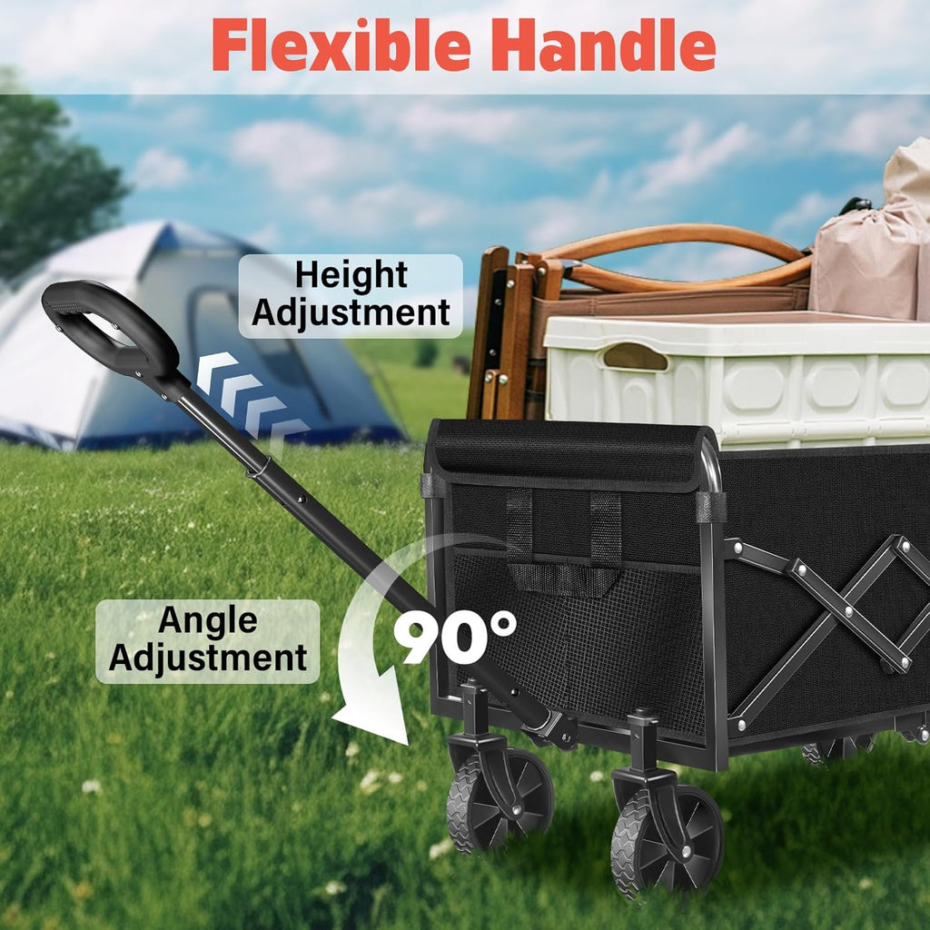Wagons Carts Foldable,360 lbs Collapsible Wagon with Wheels Foldable Wagon Cart with Flexible Handle,Lightweight Portable Folding Cart for Camping Beach Picinic Grocery Outdoor Sports Shopping(Black)