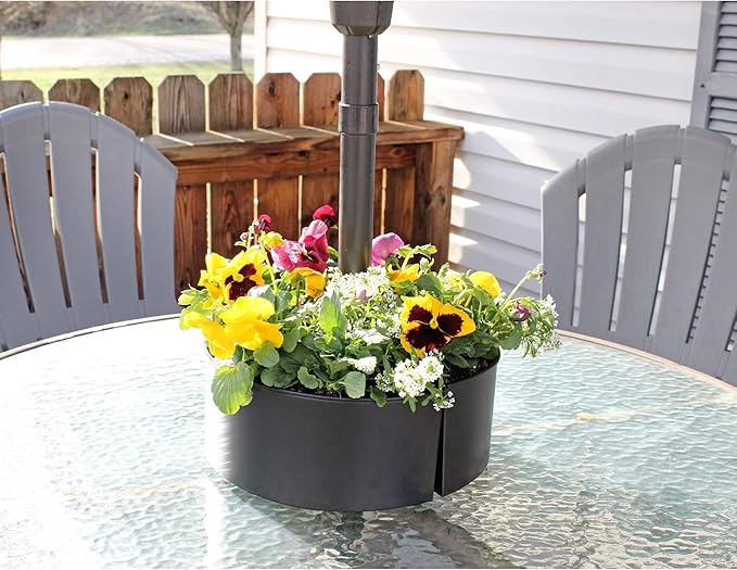 AuldHome Design Umbrella Planter for Patio Table w/Umbrella Hole (Black), Enamelware Half-Circle Planter Pots