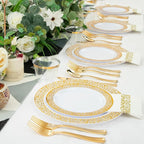 WELLIFE 350Pcs Gold Dinnerware Sets, Plates and Napkins Party Supplies Include:50 Dinner Plates, 50 Dessert Plates, 50 Paper Napkins, 50 Cups, 50 Gold Plastic Cutlery Set