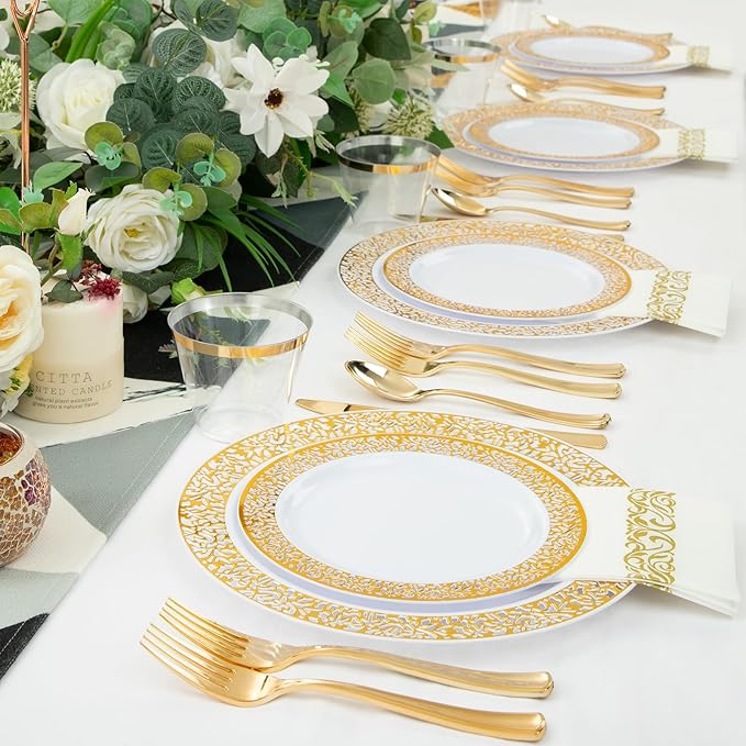 WELLIFE 350Pcs Gold Dinnerware Sets, Plates and Napkins Party Supplies Include:50 Dinner Plates, 50 Dessert Plates, 50 Paper Napkins, 50 Cups, 50 Gold Plastic Cutlery Set