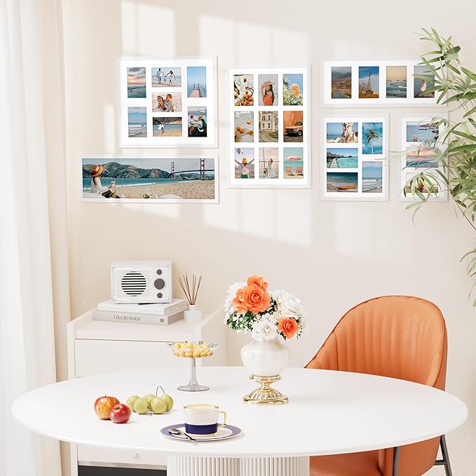 Vittanly 8x24 Collage Picture Frame, Displays 5Pcs 4x6 Pictures with Mat, Picture Frames Collage Wall Decor for Horizontal or Vertical Display, White, 1 Pack