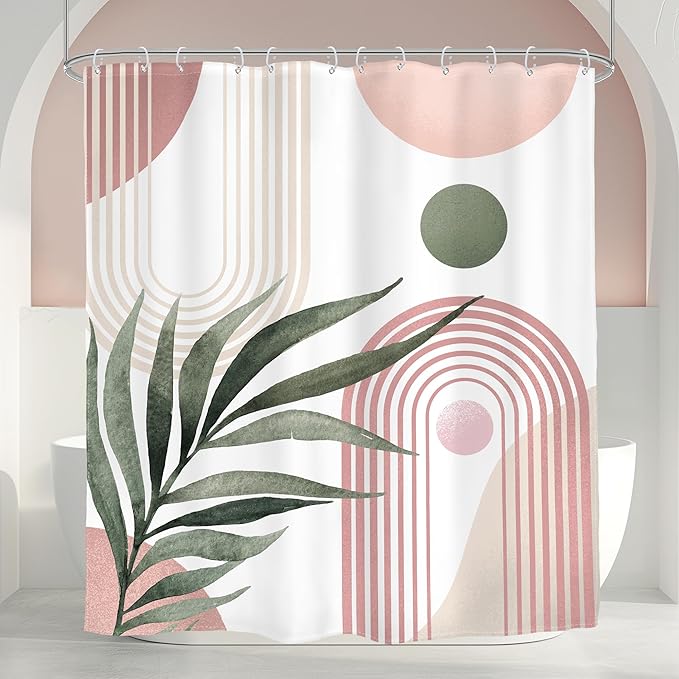 Glawry Pink Green Boho Shower Curtain Abstract Mid Century Tropical Leaves Modern Geometric Minimalist Arch Sun Bathroom Aesthetic 60Wx72L Inches Bath Accessories Art Home Decor Fabric 12 Pack Hooks