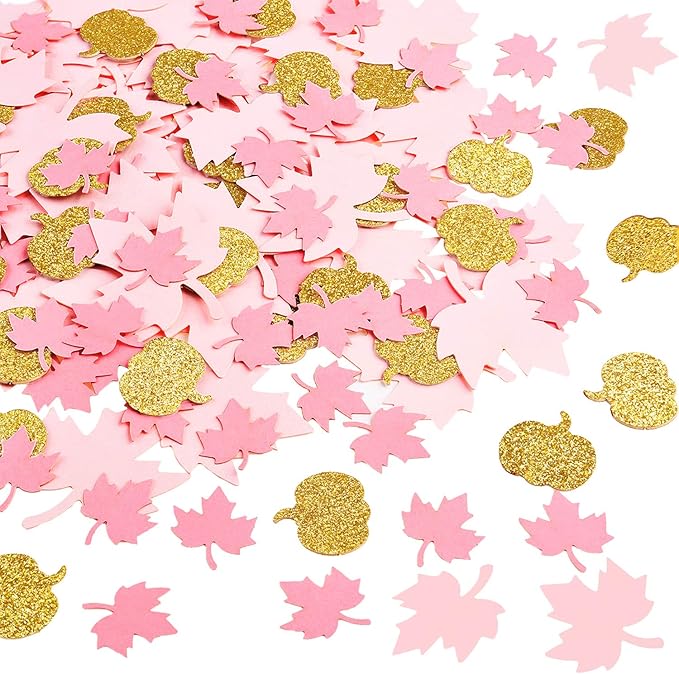 Sumind 200 Pieces Thanksgiving Pink and Gold Pumpkin Confetti Christmas Baby Shower Maple Leaf Confetti Glitter Thanksgiving Pumpkin Decorations Table Decorations for Birthday Party Supplies (Simple)