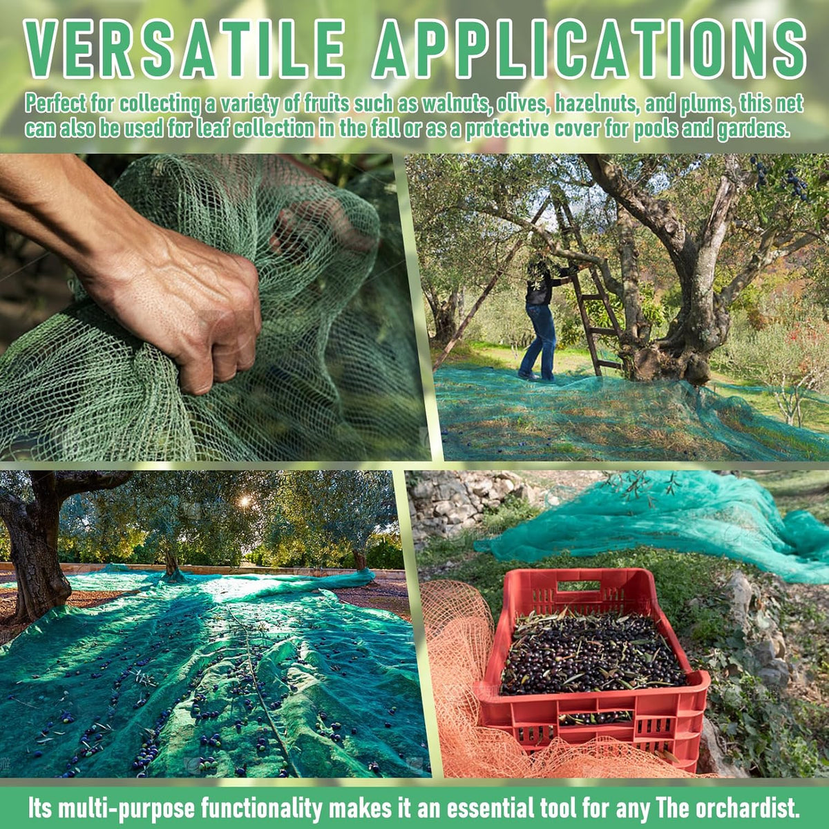 Fruit Collector Harvesting Net - 13.1 x 13.1 ft Green Agricultural Harvest Netting for Walnut, Olive, Chestnut, Plum, and Hazelnut - Easy Picking & Reusable Collection Net (4x4m)