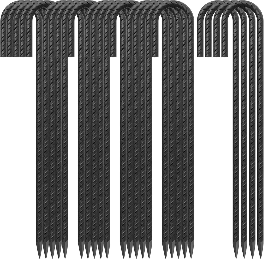 24 Pack J Hook Rebar Stakes 24 Inch 3/8 Inch Diameter Metal Stakes for Ground Heavy Duty with Chisel Point End Chain Link Fence Stakes for Swing Set, Gazebo and Bounce House, Black
