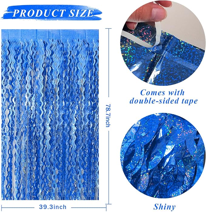 Blue Tinsel Foil Fringe Curtains Wavy Backdrop for Parties Sparkle Metallic Wavy Foil Fringe Backdrop Curtain for Party Decorations Photo Booth Props Birthday Graduation Wedding