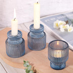 DARJEN 6 Pcs Blue Glass Candlestick Holders with Vertical Stripes - Irregular Shaped, Dual-Use for Taper Candles & Votive/Tea Lights, Candle Holders for Dining Table, Wedding, Party, Home, Gifts
