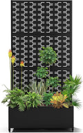 15.7"×70.9"×35.4" Metal Raised Garden Bed with Trellis and Wheels - Tall Trellis Planter Box for Climbing Plants, Vegetables & Vines - Outdoor Privacy Planters for Patio (Black-Brick)