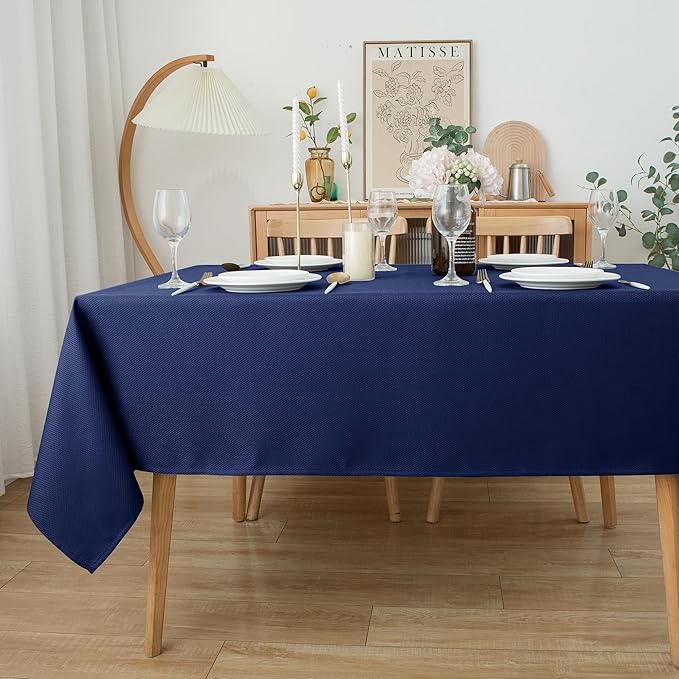 Biscaynebay Textured Fabric Tablecloths 70x108 Inches Rectangular, Navy Water Resistant Tablecloths for Dining, Kitchen, Wedding and Parties etc. Machine Washable