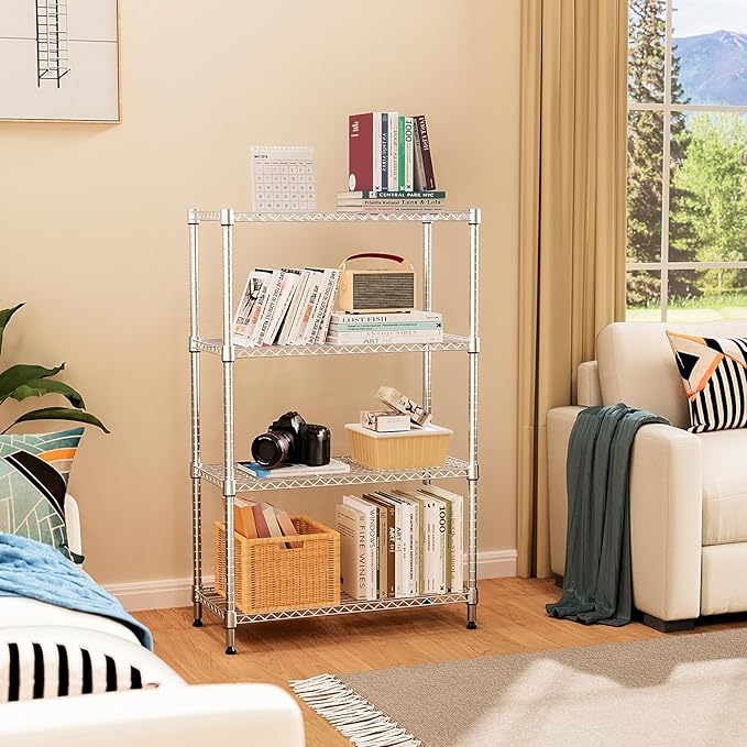 5-Shelf Storage Shelves,Wire Shelving Heavy Duty Metal Storage Shelving Unit Adjustable Garage Shelving Rack Pantry Kitchen (Chrome, 4 Tier,15.8" D x 45.3" W x 59.4" H)